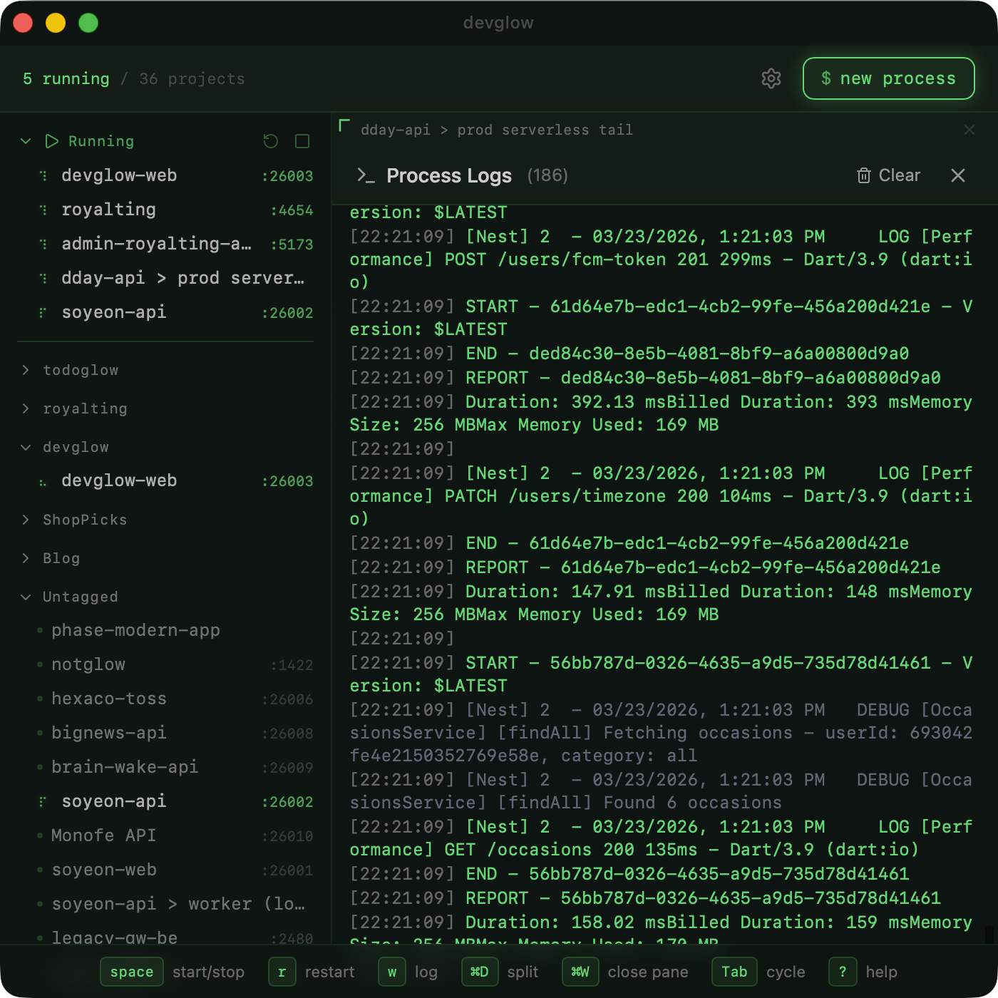 devglow's sidebar and split panes